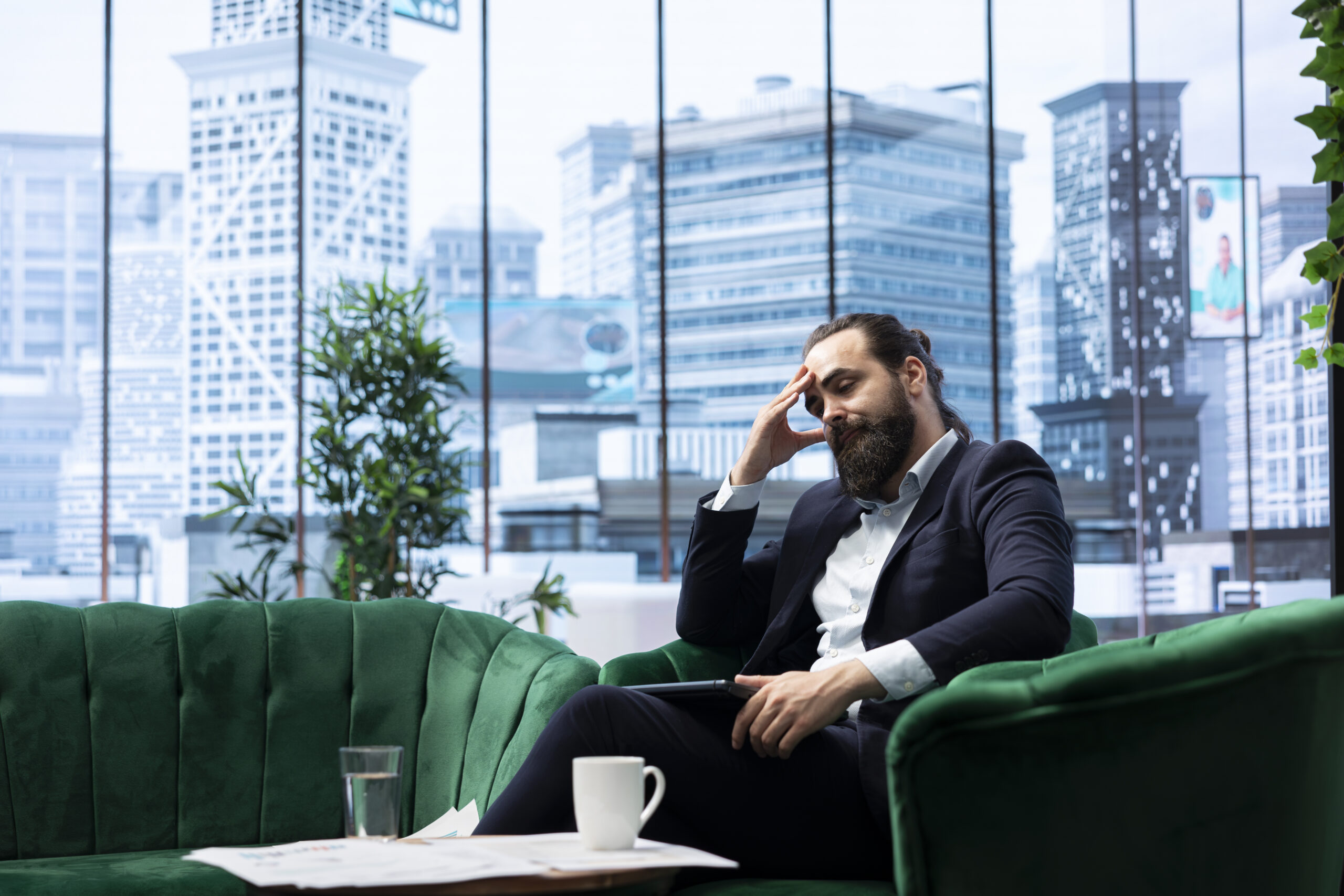 Visibly upset CEO staring at his forex reports and being worried, overwhelmed by the bad news of a business failure. Leader illustrating the risks of financial trading, market crash.